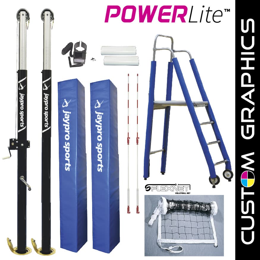 PowerLite Volleyball System Deluxe Package with Custom Graphics (3 in. Floor Sleeve) - NFHS, NCAA, USVBA Compliant from Jaypro Sports